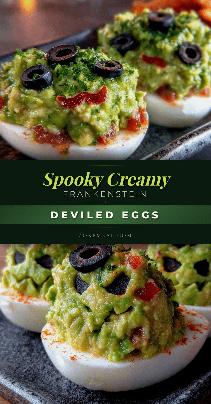 Spooky Creamy Frankenstein Guacamole Deviled Eggs recipe