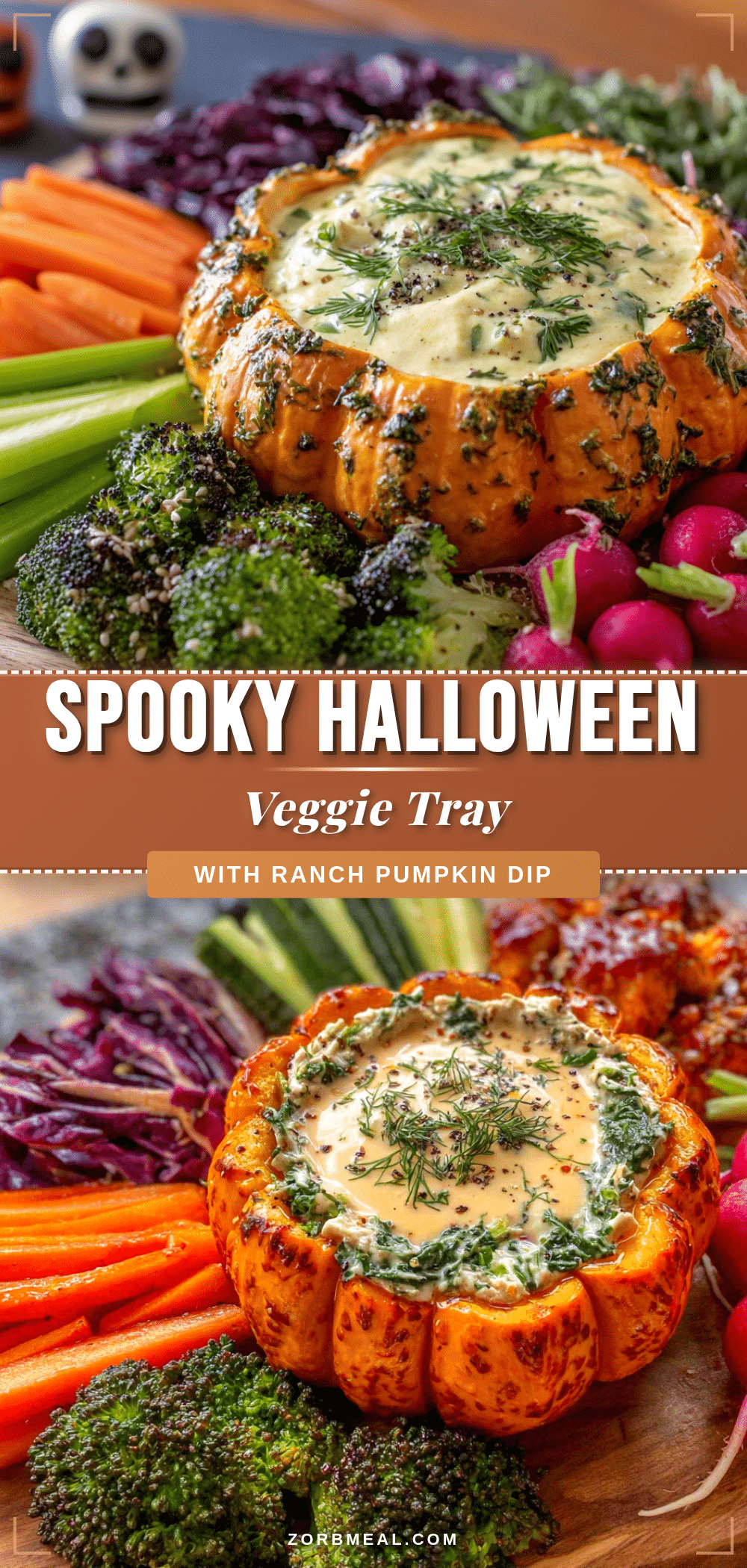 Halloween veggie tray with ranch pumpkin dip recipe
